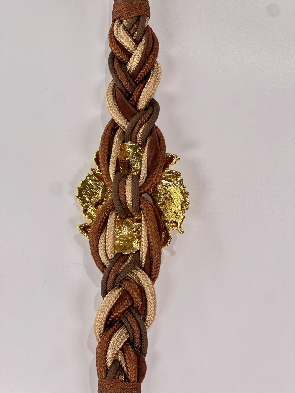 Leather Shop Braided Cord Belt Gold Leaf Buckle Metallic Rope Brown Gold L